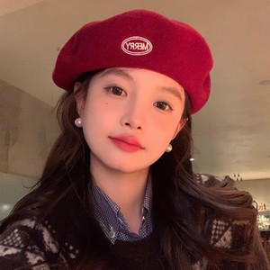 <b>Red</b> <b>Wool</b> Beret Hat For Women Winter Windproof Velvet Octagonal Painter Hat - Product Image 4