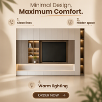 Meuble TV mural intégré moderne, armoire multimédia pleine hauteur avec détails rainurés verticaux et éclairage LED d'ambiance