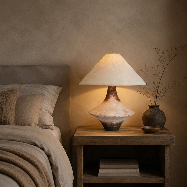 Rustic Wabi-Sabi Weathered Ceramic Table Lamp with Beige Fabric Shade E27 Base for Bedroom Living Room Home Decor