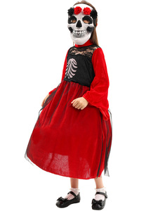 Vestido Rojo de Gasa para Niñas de Halloween con Decoración Facial de Esqueleto para Actuaciones en Televisión y Cine, Fiestas y Celebraciones - Product Image 5