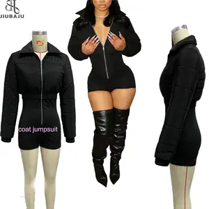 Outono Inverno Grosso Puffer Playsuit Mulheres Sexy Turn Down Collar Streetwear Quente Acolchoado Romper Macacões