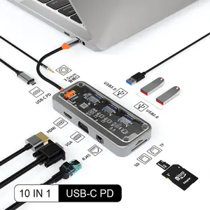 10 IN 1 USB HUB Splitter 4K HMDI RJ45 USB 3.0 PD Macbook adaptörü Ipad Pro hava M2 M1 PC aksesuarları USB C HUB