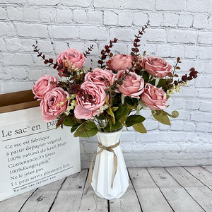 ดอกกุหลาบไหมประดิษฐ์ 11 หัว ลายดิ้นทอง สำหรับตกแต่งบ้าน งานแต่งงาน - Product Image 3
