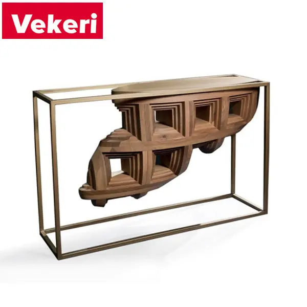 現代的な中国の茶色の無垢材と金属製のコンソールテーブル。リビングルームや書斎用の彫刻デザイン