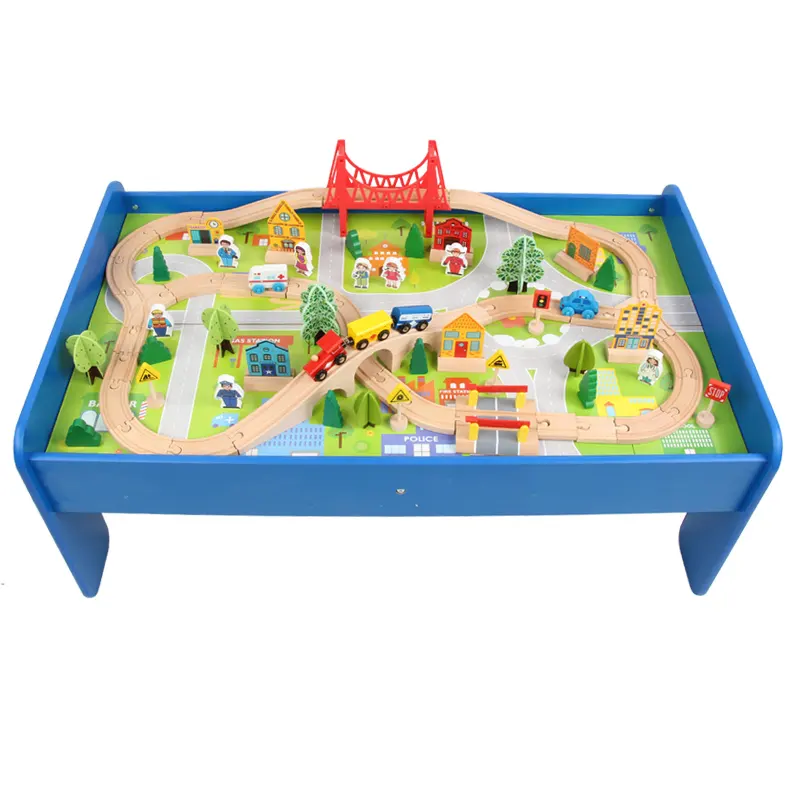 High Quality Wooden Train Track Toy with Play Table, 88 Pieces with Bridge,Cars,Train and Wooden Track set for Kids
