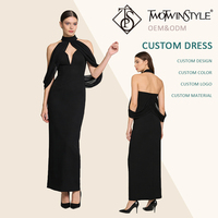 Nouvelle Robe Longue Élégante Noire en Chiffon à Manches Cape pour Femme, Col Halter Sans Manches, pour Soirée Gala et Fête, Style Sexy et Raffiné, Vente en Gros