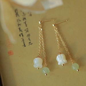Natural Hetian Jade Drop Earrings Bell Shape Chain White Mother Of Pearl Lily Of The Valley Stud Earrings For Autumn Winter - Product Image 3