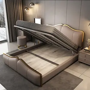 Conjunto de camas moderno para quarto, cama king size com armazenamento de madeira moldura de rainha