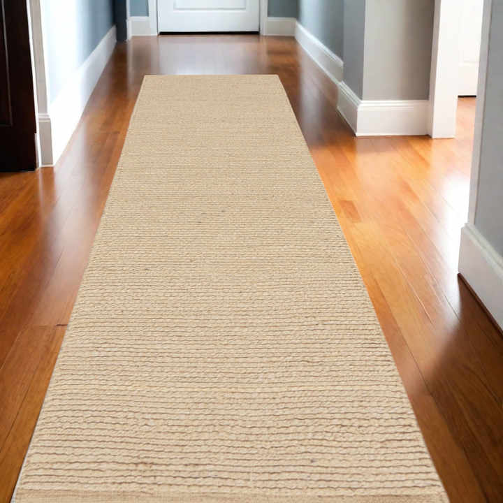 HMS 12' Beige Jute Hand Woven Runner Rug Traditional Bohemian Style Geometric Abstract Pattern Handmade Washable for Home Picnic
