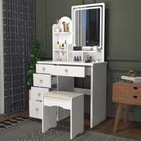 Kit de Coiffeuse Moderne en Bois Massif Couleur Crème, Économique et en Gros, avec Miroir LED Éclairé et Multiples Espaces de Rangement pour Chambre d'Hôtel