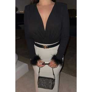 Body en satin noir avec manches à plumes, dentelle ajourée, imprimé sans couture, longueur genou - Décontracté, Soirée, Formel pour l'été et l'automne - Product Image 3