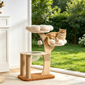 Grand <span class=keywords><strong>arbre</strong></span> à <span class=keywords><strong>chat</strong></span> en bois avec espace lounge central encastré, deux plateformes florales et griffoir intégré pour l'enrichissement des chats d'intérieur - Product Image 2