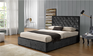 מודרני שחור מלך גודל כתוש קטיפה בד מרופד פלטפורמה הרם את אחסון מיטת עם כפתורי יהלומים - Product Image 3