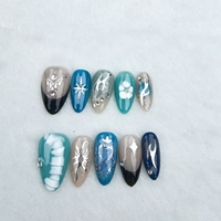 Uñas artificiales cortas estilo Océano Azul en forma de almendra de alta calidad y reutilizables