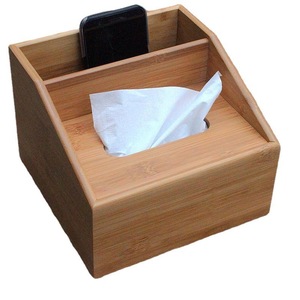Caja de pañuelos de bambú rectangular, organizador de escritorio multiusos con soporte para teléfono - Product Image 4