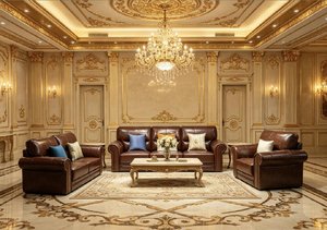 Ensemble <span class=keywords><strong>de</strong></span> canapés Renaissance italienne avec accents dorés, revêtement en cuir véritable <span class=keywords><strong>marron</strong></span> et noyer sculpté à la main pour villas et appartements <span class=keywords><strong>de</strong></span> luxe - Product Image 5
