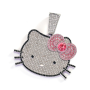 European American Trendy Cool Cute Cat Anhänger Halskette mit Full Diamond Modische kubanische Kette & Hello Kitty Hip-Hop-Stil - Product Image 4