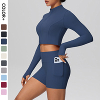 Ensemble de sport 2 pièces pour femme à séchage rapide, effet seconde peau : Veste zippée intégrale et short cycliste taille haute