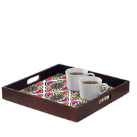 Plateau rectangulaire en bois à motif floral, design Art Déco, plateau de service décoratif avec poignée pour la décoration de la maison, Ramadan, mariage, Diwali