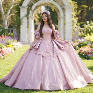 Vestido de Quinceañera de Lujo Dy6956 en Chifón Rosa con Brillo, Vestido de Gala Abullonado con Escote Corazón, Sin Mangas, Bordado, para Fiesta de Promoción o Boda - Product Image 1