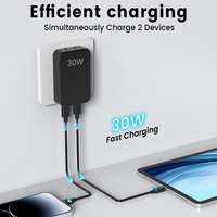 Ultrafino Compacto Mini Diseño EE. UU. Enchufe de doble puerto USB C 30W Carga rápida PD USB C Cargador con certificación de seguridad