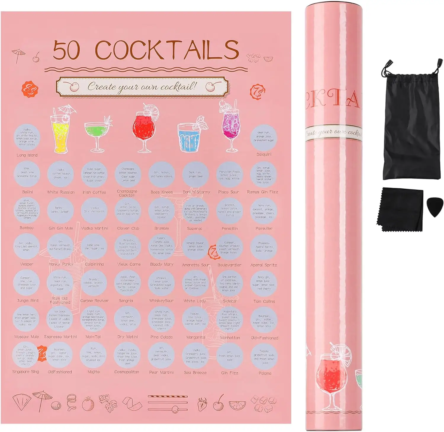 A2サイズカクテルスクラッチポスター50カクテルバケットリストDIY飲料レシピガイド壁飾りカップルゲームギフト