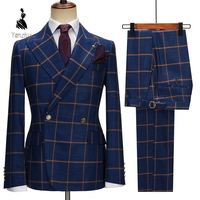 Costume ajusté à double boutonnage à carreaux rétro YZ pour hommes, tenue de mode pour le travail et les loisirs, idéal pour les employés de bureau