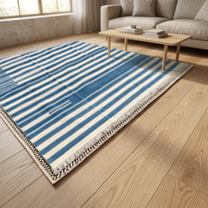 Bonne qualité 100% fait à la main partager coton bleu et blanc couleur rayé taille 8 'x 10' tapis sans franges pour la décoration de la maison - Product Image 1