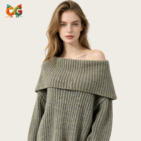 Vêtements d'hiver CG pour femmes, pull en tricot à col rabattu, couleur unie, coupe ample, respirant, anti-rétrécissement, décontracté, doux, à porter au quotidien