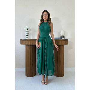 Vestido de Fiesta Largo hasta el Suelo, Estilo de Noche, con Escote en V, Color Verde Esmeralda, con Volantes en la Parte Delantera, para Graduación, Talla XS - Product Image 4