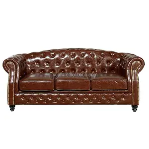 American Tufted Button Tan Retro Leather Chesterfield Sofa Classical vintage house hotel living room Furniture