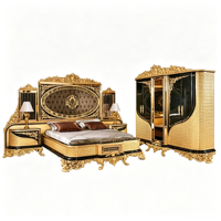 Ensemble de lit et armoire turcs royaux sculptés en bois, élégants, néoclassiques, plaqués or, noirs, taille complète, convertible, rembourré, luxueux