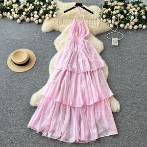 Vestido de Verano Estilo Coqueta Francesa para Mujer, Vestido Halter con Cordones, Falda con Volantes en Capas y Cintura de Corsé - Product Image 1