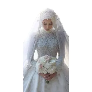 Gaun Pengantin Lengan Panjang, Gaun Pengantin Muslim Grosir Renda Perdagangan Luar Negeri Baru