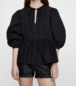 Vietnam Manufacturer Women's Black Poplin Blouse With <b>Balloon</b> Sleeves Slash Neck Bow Detail Loose Fit Modern Romantic Style - Product Image 5