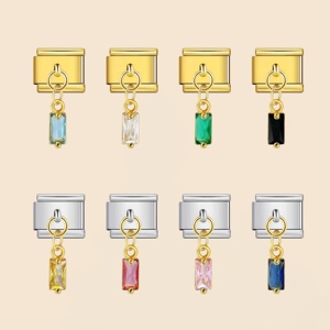 Charm per Bracciale in Acciaio Inossidabile 9mm con Zirconia Cubica Rettangolare Color <span class=keywords><strong>Baguette</strong></span>, Cristallo Quadrato Pendente, Stile Italiano - Product Image 1