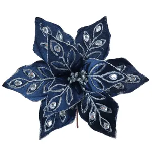 Natale forniture artigianali Decorative ingioiellate glitterate blu Navy Poinsettia decorazioni floreali natalizie