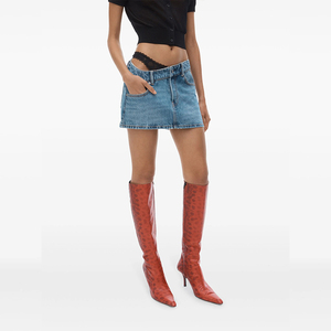 Minigonna Vintage Casual Sexy in Denim Chiaro con Logo Personalizzato, <span class=keywords><strong>Vita</strong></span> <span class=keywords><strong>Bassa</strong></span> Asimmetrica, 100% Cotone per Estate Autunno Primavera - Product Image 2