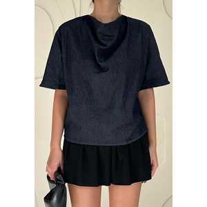 Top de Mezclilla Azul para Mujer, Manga Corta, 100% Algodón, Estilo Simple y Moderno - Product Image 2