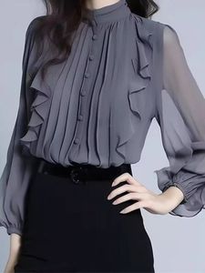 Haut de gamme col montant chemise femmes printemps et automne nouveau sens de la mode à volants à manches longues petit haut de chemise - Product Image 3