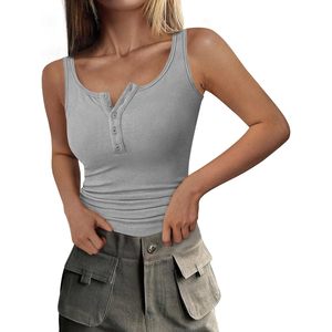 Camiseta sin mangas de punto acanalado para mujer, estilo Henley con botones, corte ajustado, informal, básica, de algodón y spandex, transpirable, para verano. - Product Image 1
