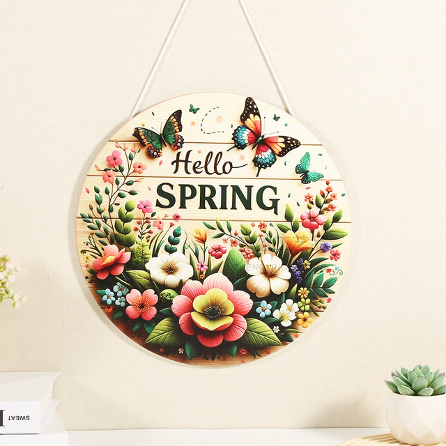 Creative Wooden Spring Door Hanging Plate Floral Butterfly Design Home Front Door Courtyard Decoration Pendant for Housewarming