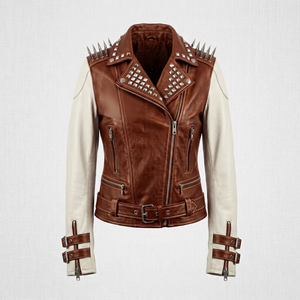 Brown Punk Style Studded <b>Leather</b> Motorcycle <b>Jacket</b> <b>Men</b> Plus Size Turn-down Collar Zipper Regular Sleeve Embroidered Patch Design - Product Image 1