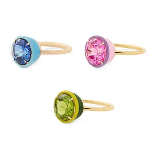 High Fashion14K Gold Two-toned Colored Enamel Round Shape Cocktail Sapphire Ring