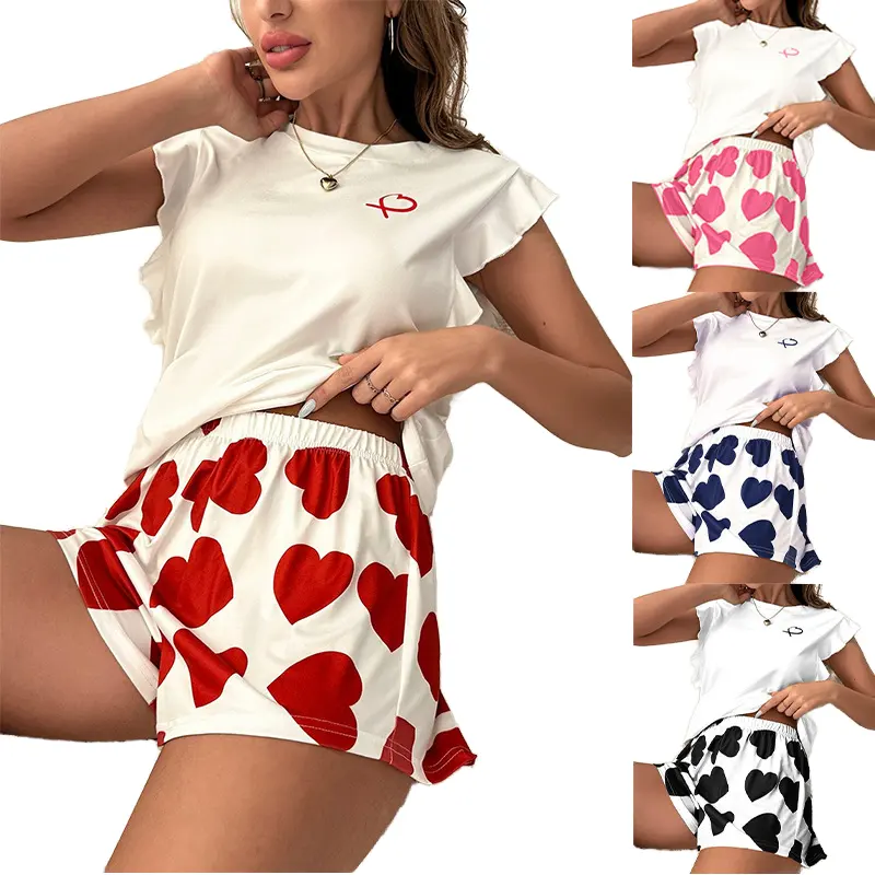 High Quality Heart Printed Women'S Casual Pyjamas 2-Piece Set Thin Short Shirt + Shorts Stylish Home Wear Pyjamas Set