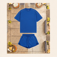 Ensemble de survêtement décontracté 2 pièces pour femme Kuest, coupe ample, bleu uni, manches courtes, 100 % polyester, lavable en machine
