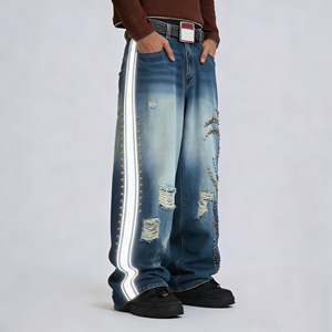 Pantalones <span class=keywords><strong>Vaqueros</strong></span> de Algodón <span class=keywords><strong>para</strong></span> <span class=keywords><strong>Hombre</strong></span> al por Mayor, Modernos, <span class=keywords><strong>con</strong></span> Rayas Blancas, Tachuelas, Rotos, Rectos, Lavados y Bordados, Suministro Directo de Fábrica - Product Image 1