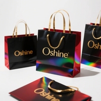 Sac Cadeau Holographique de Luxe en Papier avec Poignée en Tissu Noir, Sac Fourre-tout Personnalisé avec Logo Doré pour Cadeaux Haut de Gamme