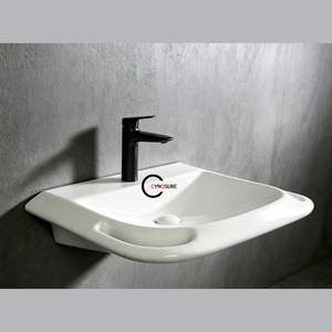 Lavabo mural rectangulaire pour salle de bain avec poignées, monotrou, blanc, moderne, robinet noir - Product Image 4