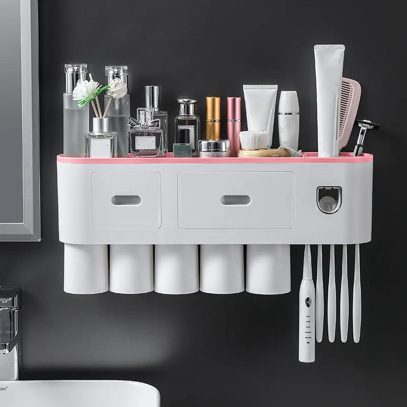 Bathroom 5 Cups Toothbrush Holder Wall Mounted Toothpaste Holders Portable Dispenser With Large Capacity Tray